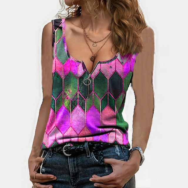 Vest Women Summer Sleeveless Fashion Ladies Geometric Print Pull Round Neck Chain T Shirt Top Fashion Sexy Blusas Femininas - My She Shop