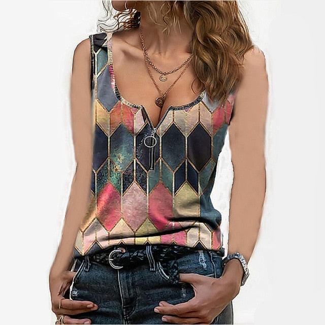 Vest Women Summer Sleeveless Fashion Ladies Geometric Print Pull Round Neck Chain T Shirt Top Fashion Sexy Blusas Femininas - My She Shop