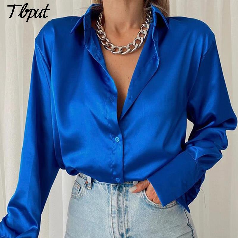 Women 2022 Elegant Satin Solid Long Sleeve Blouses Female Chic Vintage Blue Green Casual Loose Fitting Buttons Down Shirts Tops - My She Shop