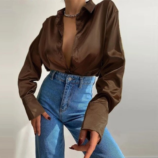 Women 2022 Elegant Satin Solid Long Sleeve Blouses Female Chic Vintage Blue Green Casual Loose Fitting Buttons Down Shirts Tops - My She Shop