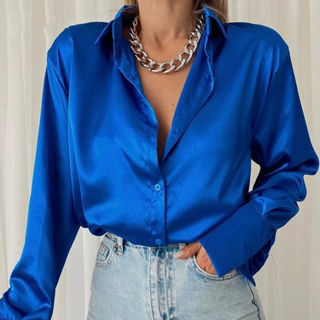 Women 2022 Elegant Satin Solid Long Sleeve Blouses Female Chic Vintage Blue Green Casual Loose Fitting Buttons Down Shirts Tops - My She Shop