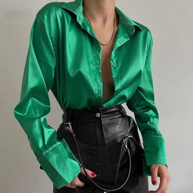 Women 2022 Elegant Satin Solid Long Sleeve Blouses Female Chic Vintage Blue Green Casual Loose Fitting Buttons Down Shirts Tops - My She Shop