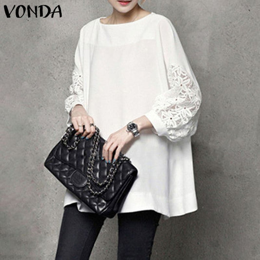 Women Elegant Shirts Casual Round Neck Blouse VONDA 2022 Vintag 2/3 Sleeve Patchwork Tops Blusas Feminina  S- - My She Shop