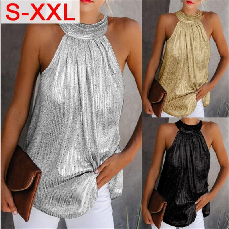 Womens Fashion Shiny Halter Neck Tank Tops Vest Ladies Summer Casual Solid Color Sleeveless T shirt Blouse Black Gold Silver - My She Shop