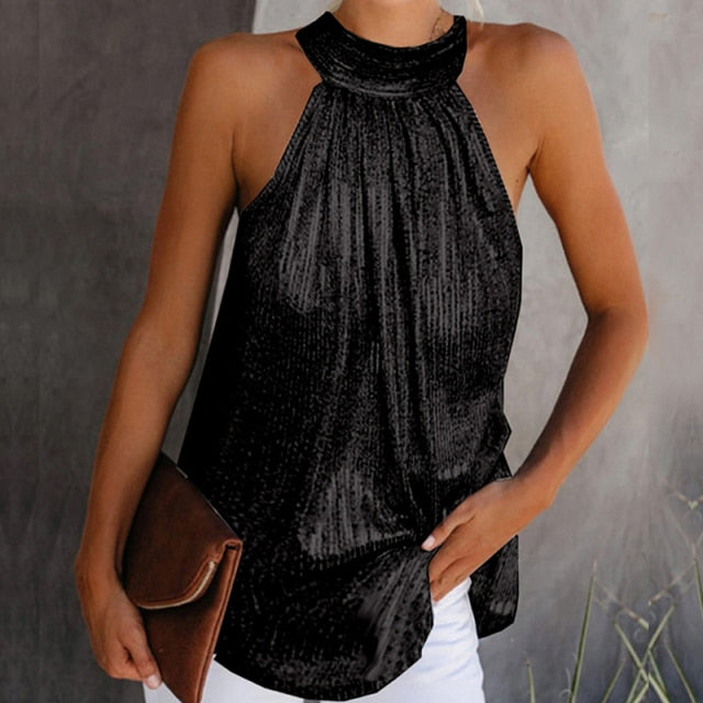 Womens Fashion Shiny Halter Neck Tank Tops Vest Ladies Summer Casual Solid Color Sleeveless T shirt Blouse Black Gold Silver - My She Shop