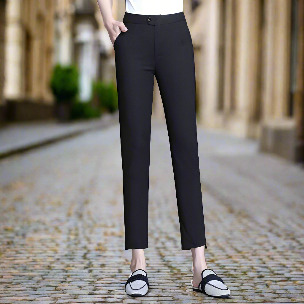 Pantalon crayon taille haute en coton classique avec braguette zippée et longueur cheville