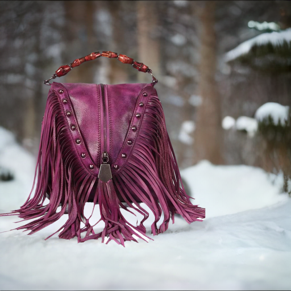 BATTLERLOVER Beautiful Bohemian Style Leather Fringe Rivet Handbag