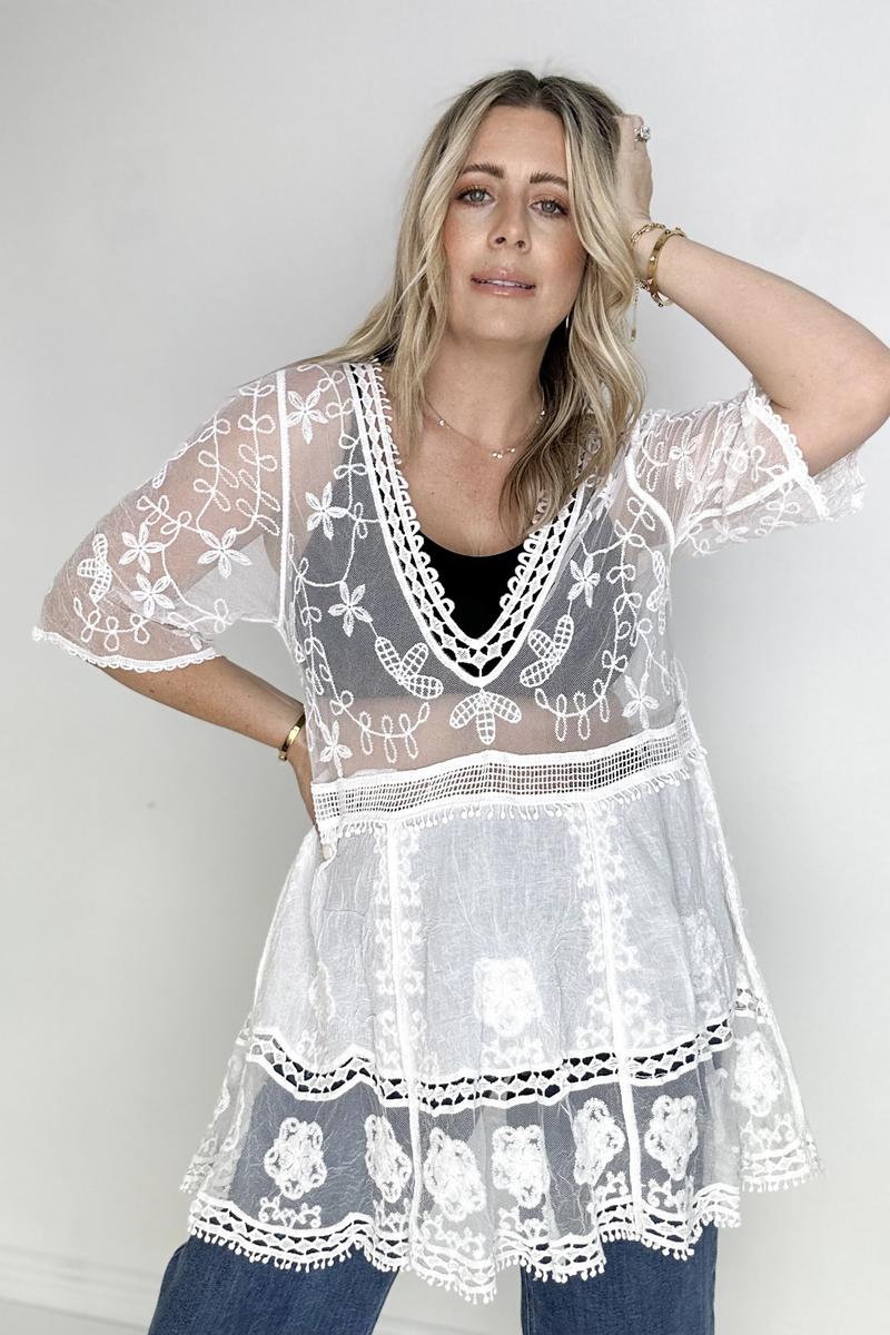 White Birch Half Sleeve Lace Cover up