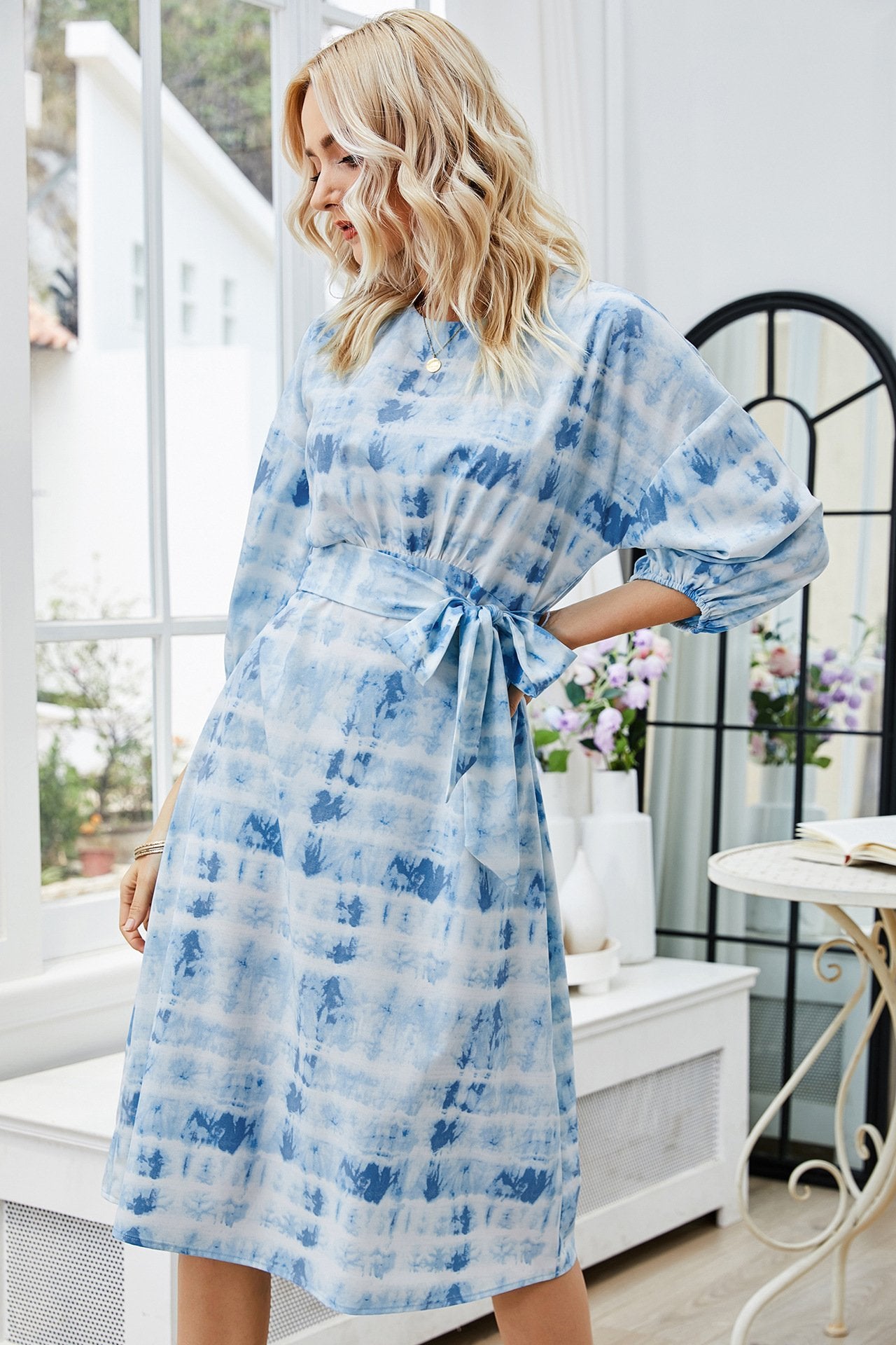 Drop Shoulder Tie Dye Belted Dress - My She Shop