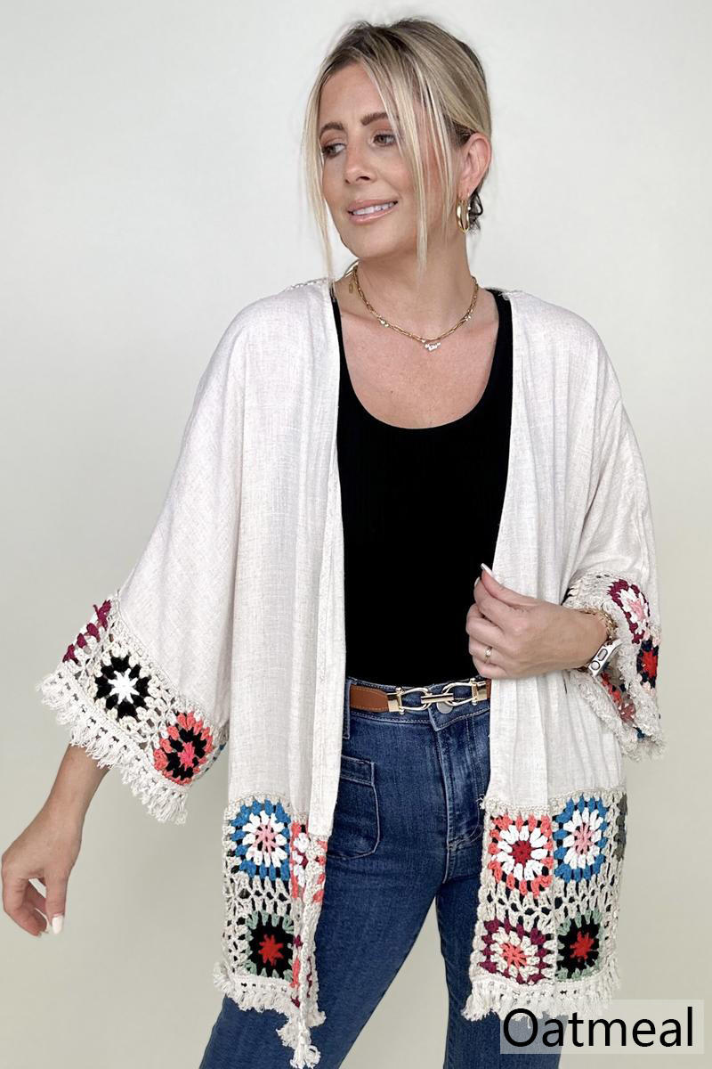 Umgee Linen Blend Patch Crochet Kimono Top