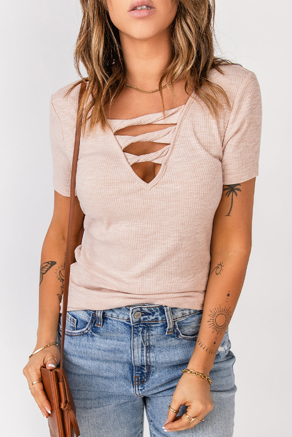 Strappy Ribbed Knit T-Shirt - My She Shop