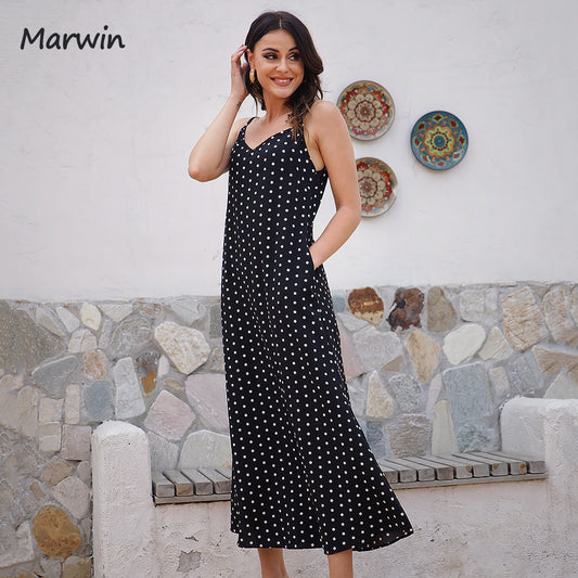 Marwin Simple Casual Fashion Spaghetti Strap Long Women Dot Printing High Street Holiday Style Mid-Calf Pockets Dresses Vestidos - My She Shop