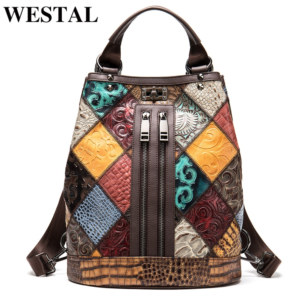 WESTAL Backpack for Women Genuine Leather Backpack Women Handbags Girls Travel Patchwork Female Backpacks For School Laptop 7420 - My She Shop