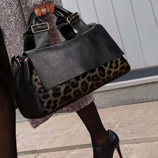 Fashion Genuine Leather Big Tote Handbags Leopard Pattern Soft Cowhide Travel Tote Ladies Long Strap Shoulder Weekend Bags - My She Shop