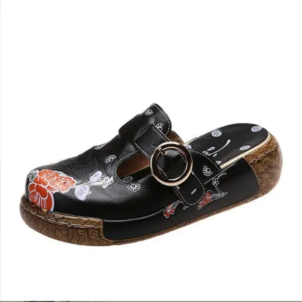 Leather Flower Platform Clog Shoes - My She Shop