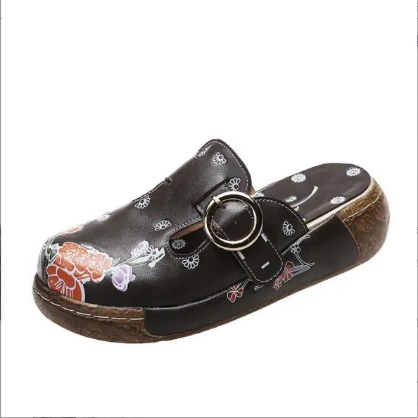 Leather Flower Platform Clog Shoes - My She Shop