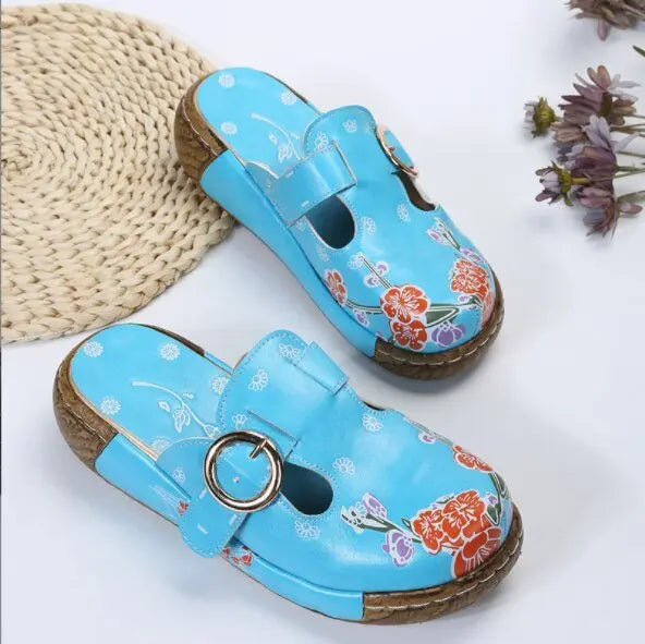 Leather Flower Platform Clog Shoes - My She Shop