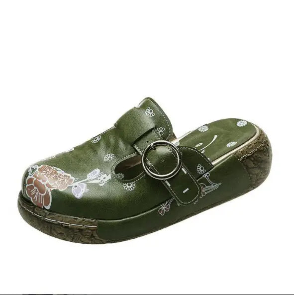 Leather Flower Platform Clog Shoes - My She Shop