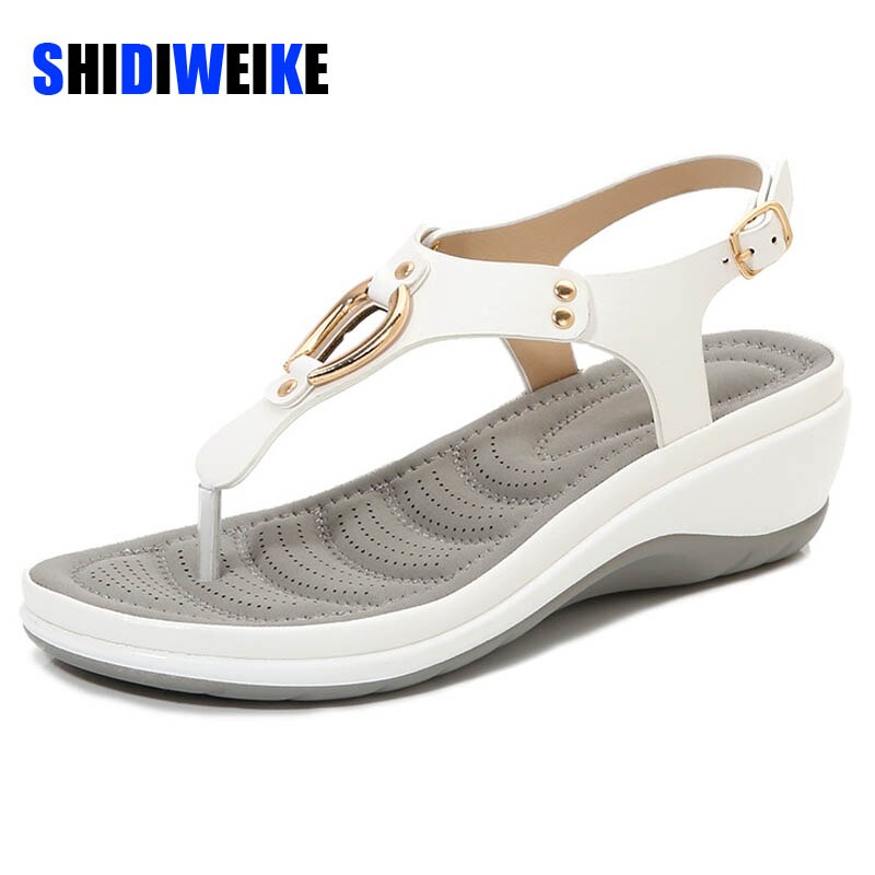 SDWK 5.5cm Women Wedge Sandals Summer Beach Solid Color Flip Flops For Women Clip Toe Ladies Shoes Buckle Strap Low Heel Sandals - My She Shop