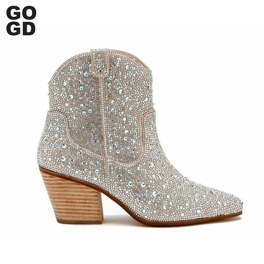 GOGD Crystal Bling High Heel Side Zip Ankle Cowboy Boots