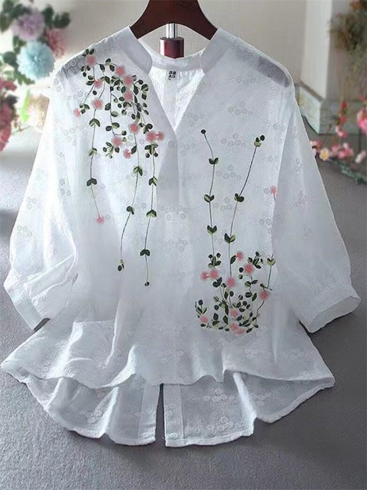 Literary Cotton Shirts For Women Embroidery Flowers Woman Blouses V-neck Half Sleeve Lace Blouses Summer Thin Top Female Shirt - My She Shop