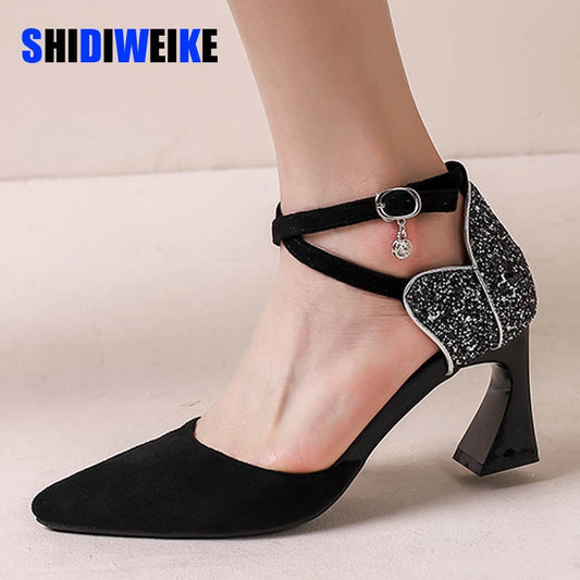 SDWK 7CM Summer Women Sandals Cross-tied High Heels Dress Shoes Ladies Pointed Toe Pumps Back Bling Thin Heels Sandalias Mujer - My She Shop