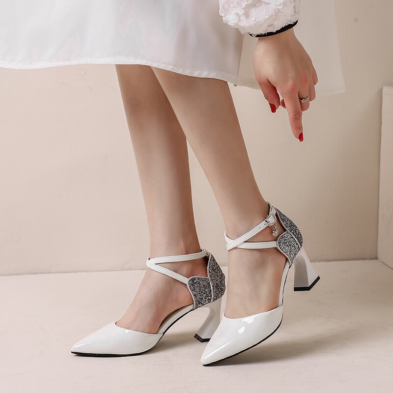 SDWK 7CM Summer Women Sandals Cross-tied High Heels Dress Shoes Ladies Pointed Toe Pumps Back Bling Thin Heels Sandalias Mujer - My She Shop