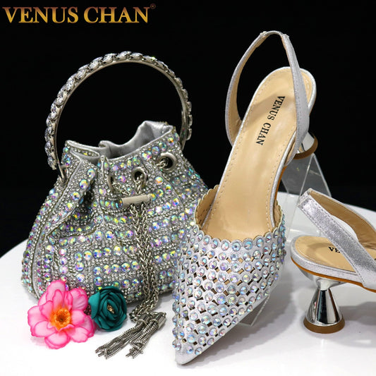 Venus Chan Shoes for Women 2023 High Heels Silver Color Italian Style Full Diamond Decoration Pointed Toe Matching Shoes and Bag - My She Shop