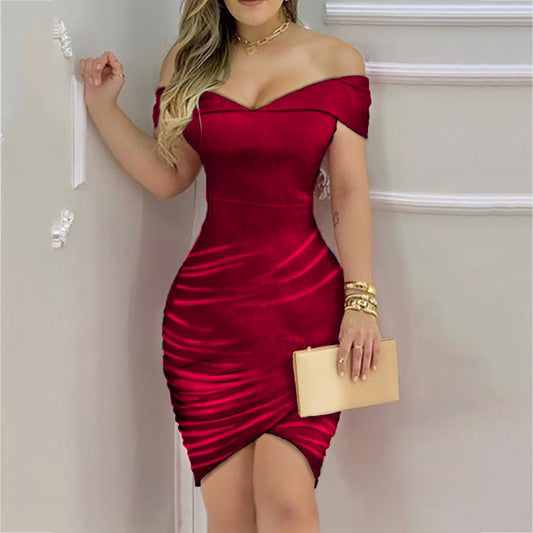 Off Shouler Velvet Dress Women Evening Party Corduroy One Shoulder Ruched Dress Solid Robe Skinny Clubwear Dress Elegant Vestido - My She Shop