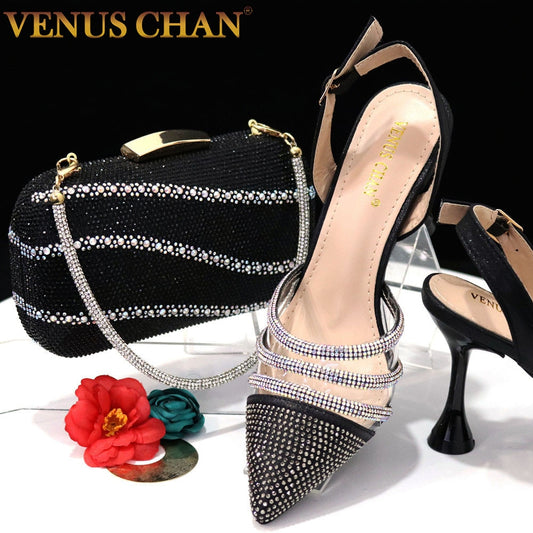 Venus Chan Shoes for Women 2023 Pointed Toe Black Heels Rhinestone Chain Party Sandals Italian Shoes and Bags Matching Set 2023 - My She Shop