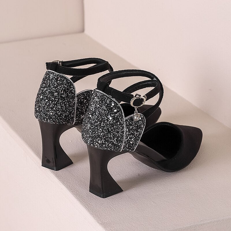 SDWK 7CM Summer Women Sandals Cross-tied High Heels Dress Shoes Ladies Pointed Toe Pumps Back Bling Thin Heels Sandalias Mujer - My She Shop