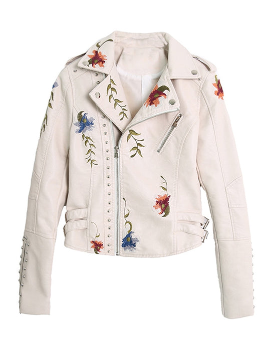 FTLZZ Embroidered Soft Faux Leather Jacket