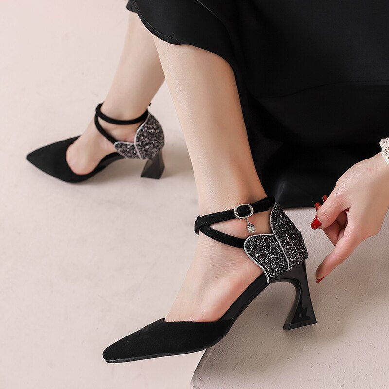 SDWK 7CM Summer Women Sandals Cross-tied High Heels Dress Shoes Ladies Pointed Toe Pumps Back Bling Thin Heels Sandalias Mujer - My She Shop