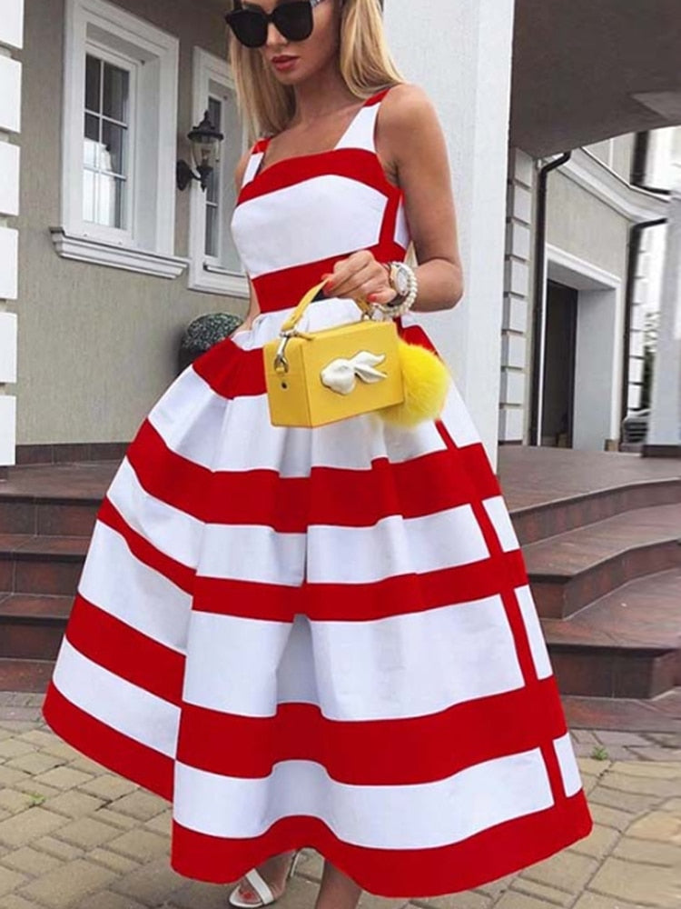 Vintage Striped Print Suspender Party Dress Summer Sexy Off Shoulder Princess Dress Women Elegant Sleeveless Long Dress Vestidos - My She Shop