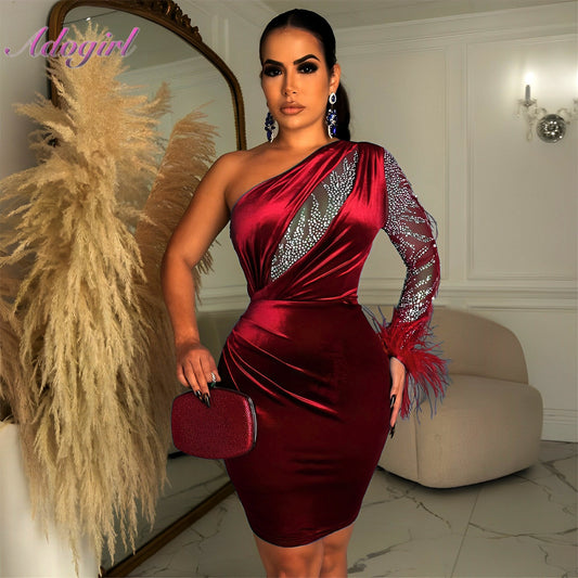 Sexy Feather Hot Rhinestone One Shoulder Party Club Mini Dress Women Velvet  Long Sleeve Backless Elegant Outfit Evening Dresses - My She Shop