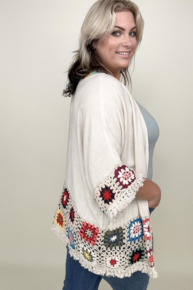 Umgee Linen Blend Patch Crochet Kimono Top