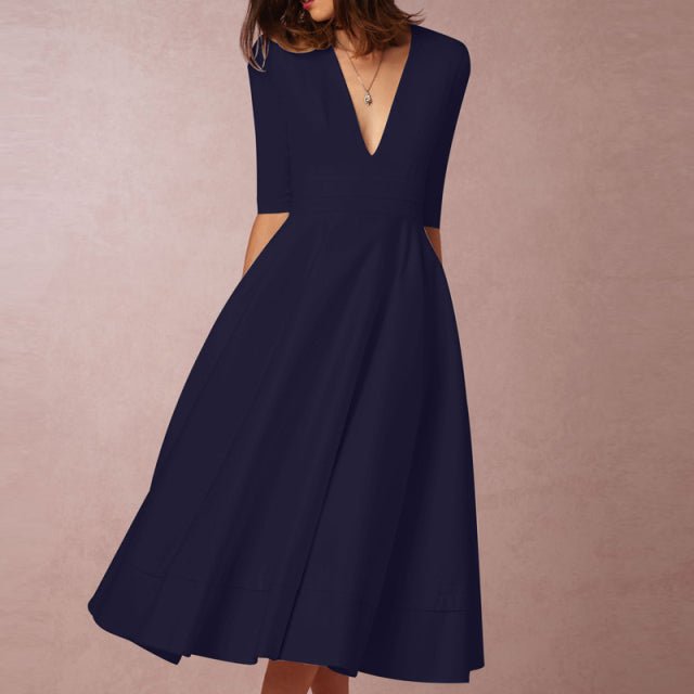 Adorable Classic A-Line Half Sleeve Deep V-Neck Dress - My She Shop