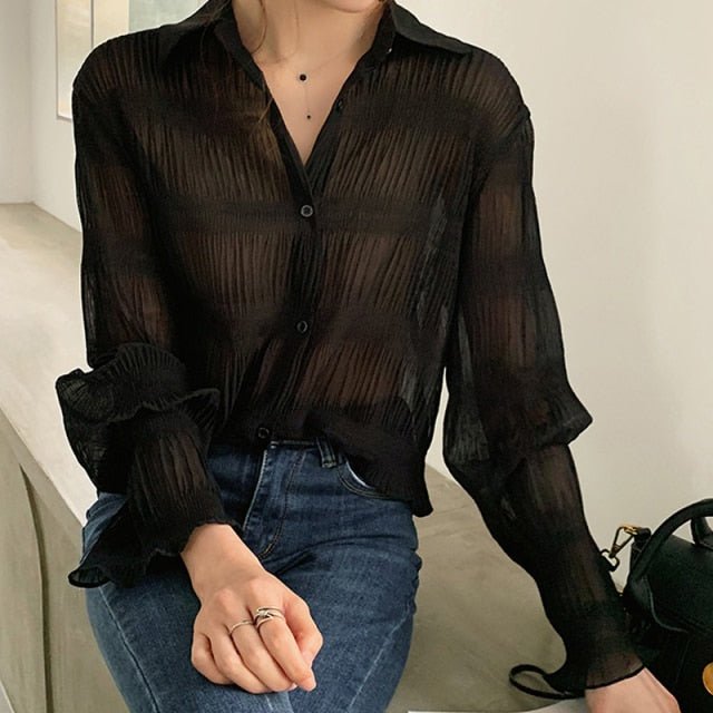 ALIEN KITTY Chiffon Sheer Collar Full Sleeve Button-Down Shirt - My She Shop