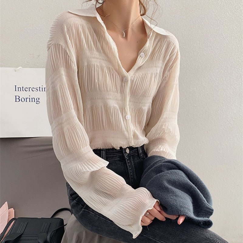 ALIEN KITTY Chiffon Sheer Collar Full Sleeve Button-Down Shirt - My She Shop