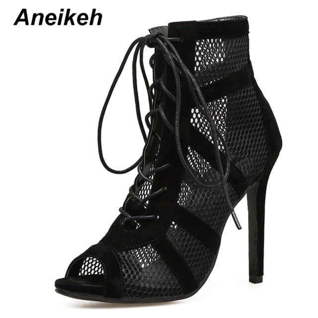 ANEIKEH Amazingly High Heel Mesh Peep or Closed Toe Lace-Up Cross-tie Booty Shoes - My She Shop