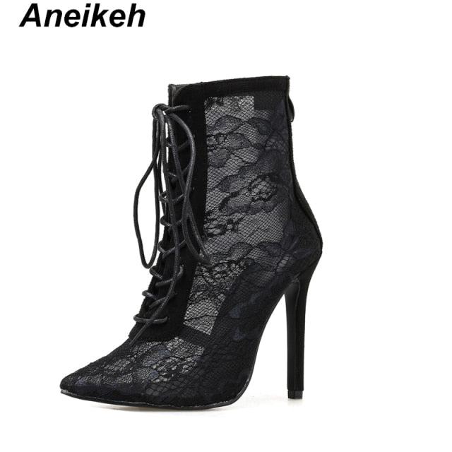 ANEIKEH Amazingly High Heel Mesh Peep or Closed Toe Lace-Up Cross-tie Booty Shoes - My She Shop