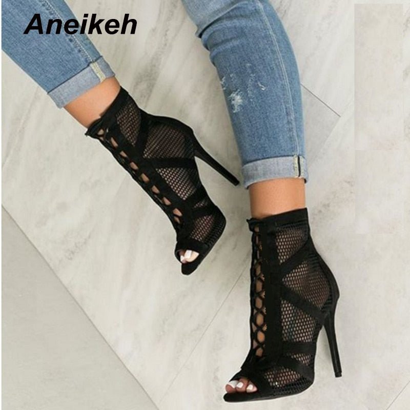 ANEIKEH Amazingly High Heel Mesh Peep or Closed Toe Lace-Up Cross-tie Booty Shoes - My She Shop