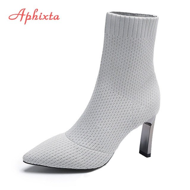 Aphixta Metal Blade or Chunky Heel Stretch Fabric Pointed Toe Ankle Booty Shoes - My She Shop