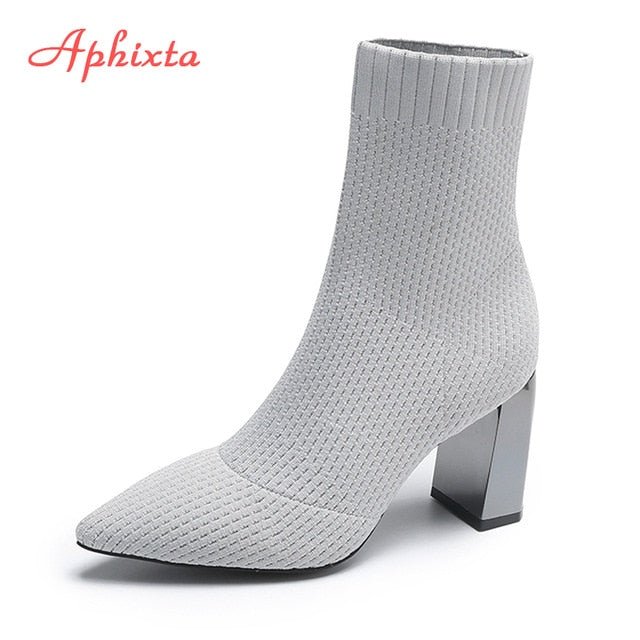 Aphixta Metal Blade or Chunky Heel Stretch Fabric Pointed Toe Ankle Booty Shoes - My She Shop