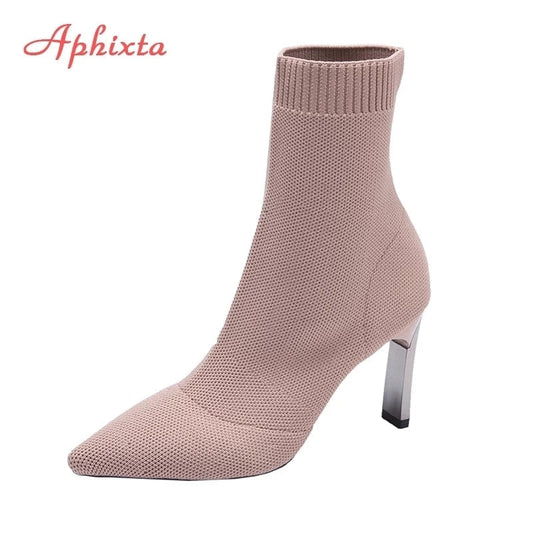 Aphixta Metal Blade or Chunky Heel Stretch Fabric Pointed Toe Ankle Booty Shoes - My She Shop