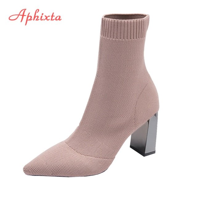 Aphixta Metal Blade or Chunky Heel Stretch Fabric Pointed Toe Ankle Booty Shoes - My She Shop