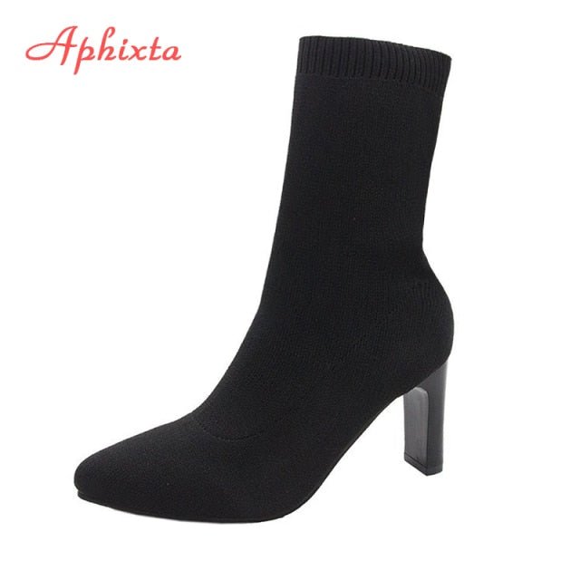 Aphixta Metal Blade or Chunky Heel Stretch Fabric Pointed Toe Ankle Booty Shoes - My She Shop