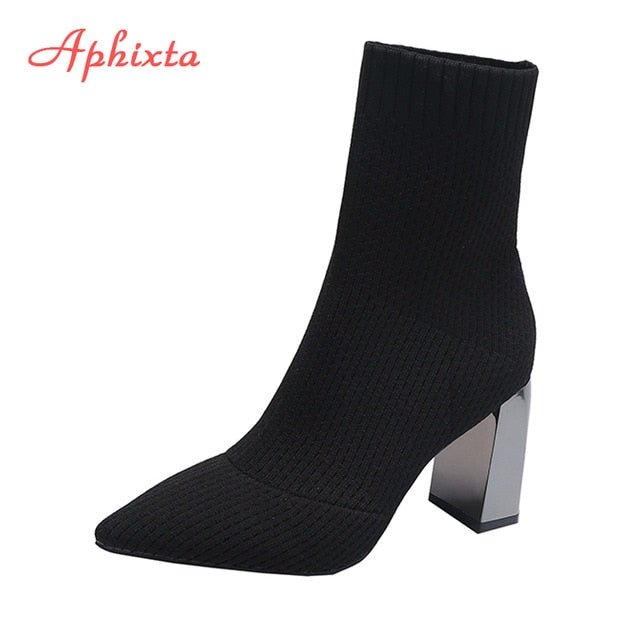 Aphixta Metal Blade or Chunky Heel Stretch Fabric Pointed Toe Ankle Booty Shoes - My She Shop