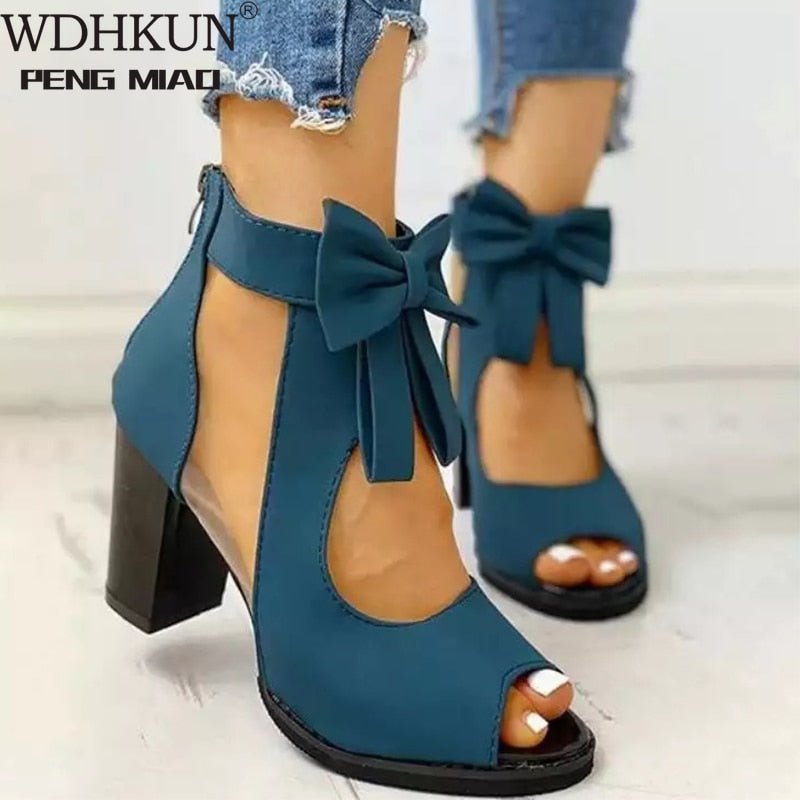 Awesome Butterfly Knot Mesh Chunky Heel Zipper Back Sandal Shoes - My She Shop