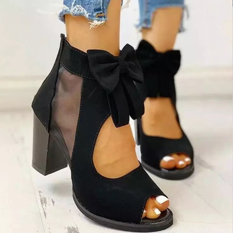 Awesome Butterfly Knot Mesh Chunky Heel Zipper Back Sandal Shoes - My She Shop